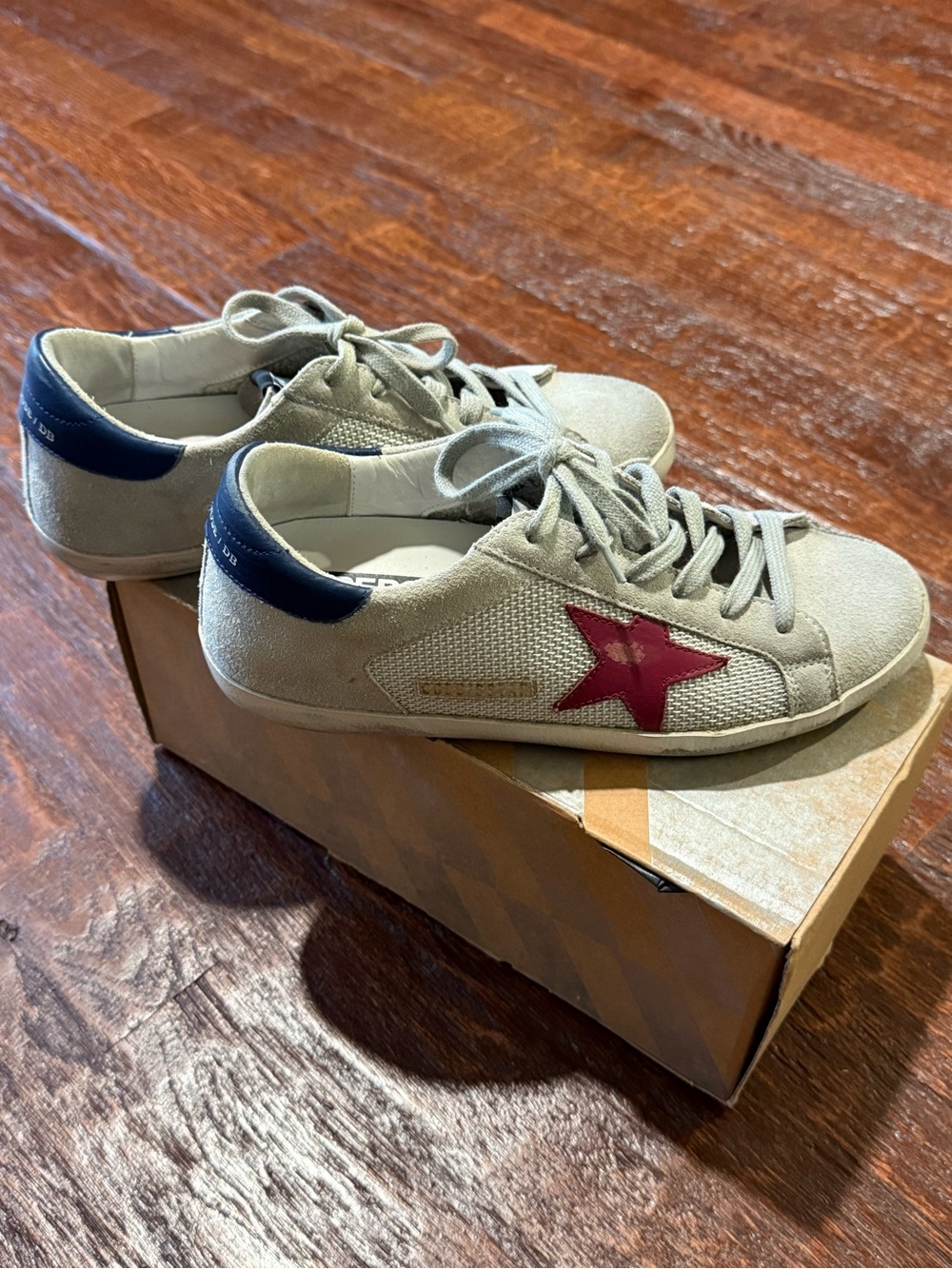 Light Grey Suede Authentic Golden Goose with Red Star and Navy Heel
